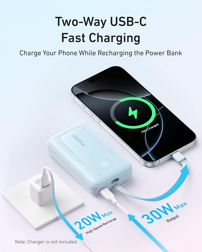 باور بانك Anker Zolo سعة 10000mAh بقوة 30W بكابل USB-C مدمج – أسود 5
