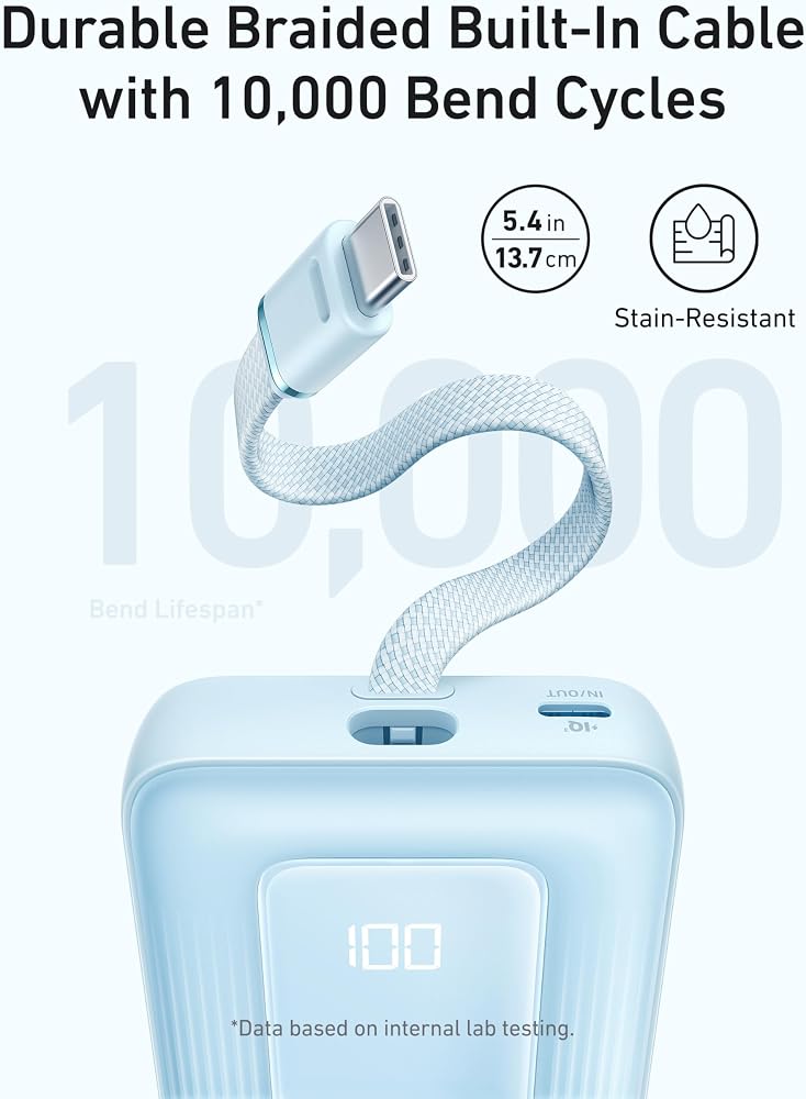 باور بانك Anker Zolo سعة 10000mAh بقوة 30W بكابل USB-C مدمج – أسود 3