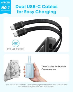 باور بانك Anker Zolo سعة 20000mAh بقوة 45W بكابلين USB-C مدمجين – أسود 2