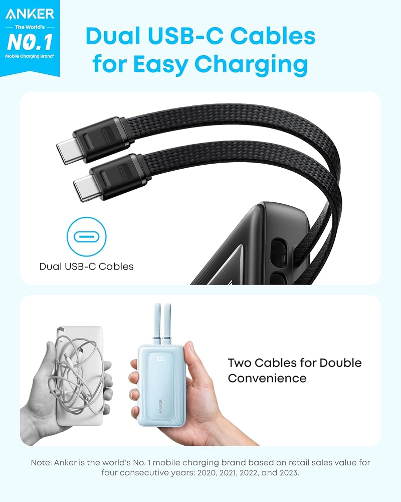باور بانك Anker Zolo سعة 20000mAh بقوة 45W بكابلين USB-C مدمجين – أسود 2