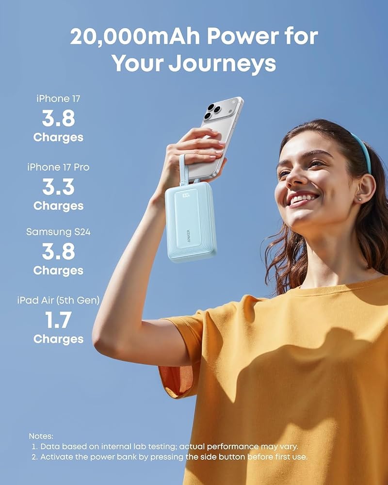 باور بانك Anker Zolo سعة 20000mAh بقوة 45W بكابلين USB-C مدمجين – أسود 5