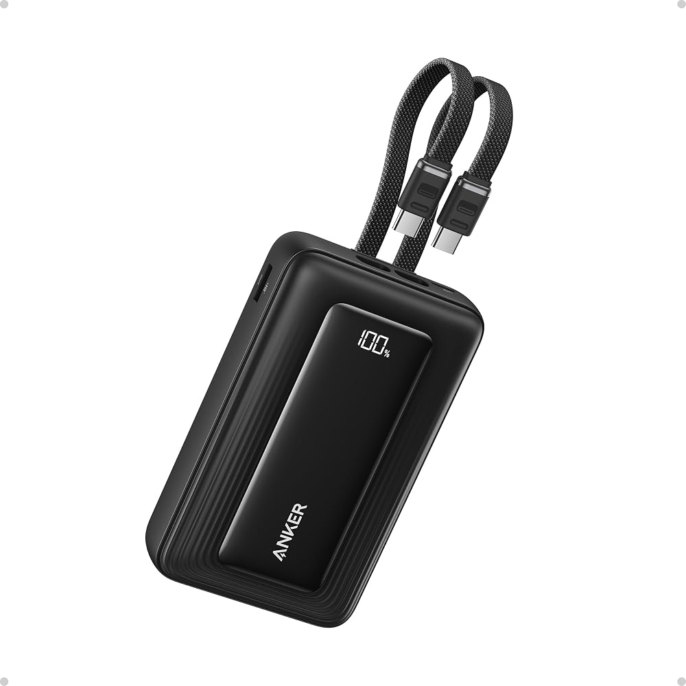 باور بانك Anker Zolo سعة 20000mAh بقوة 45W بكابلين USB-C مدمجين – أسود