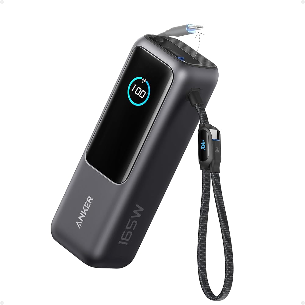 باور بانك لابتوب Anker سعة 25000mAh بقوة 165W بكابل قابل للسحب – أسود