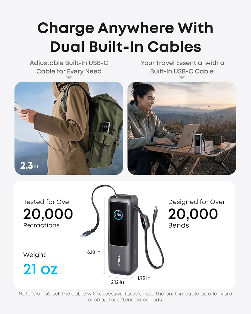 باور بانك لابتوب Anker سعة 25000mAh بقوة 165W بكابل قابل للسحب – أسود 3