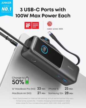 باور بانك لابتوب Anker سعة 25000mAh بقوة 165W بكابل قابل للسحب – أسود 2