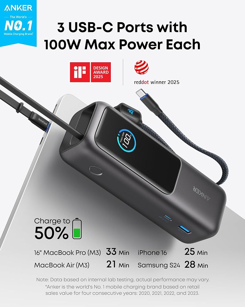 باور بانك لابتوب Anker سعة 25000mAh بقوة 165W بكابل قابل للسحب – أسود 2