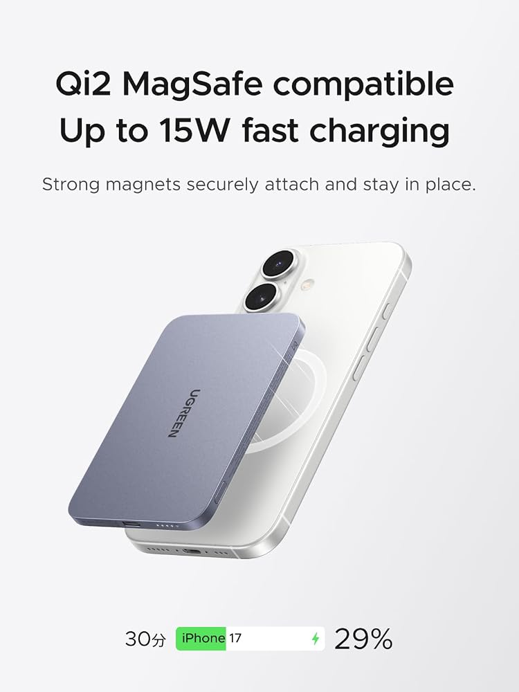 باور بانك مغناطيسي UGREEN MagFlow Air سعة 5000mAh شحن لاسلكي Qi2 – رمادي 3
