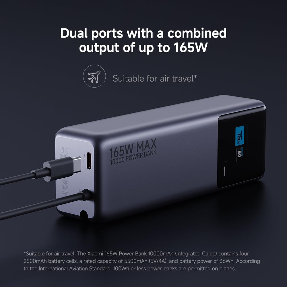 باور بانك Xiaomi سعة 10000mAh بقوة 165W بكابل USB-C مدمج 4