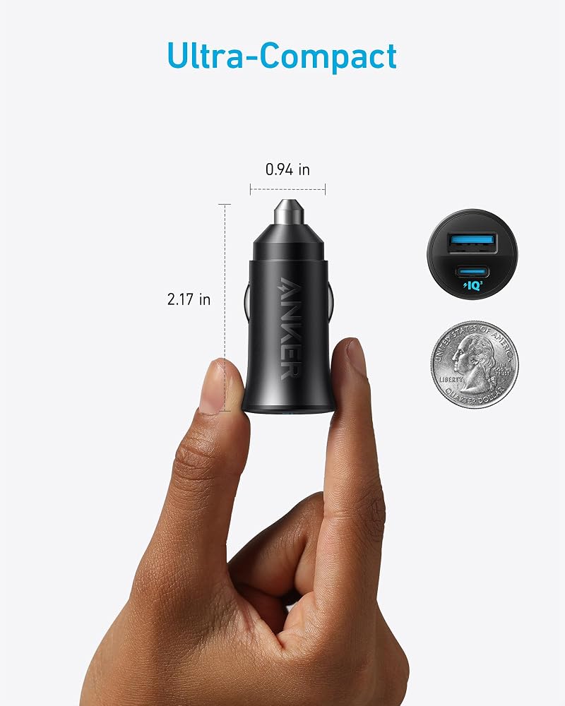 شاحن سيارة Anker بقوة 30W بمنفذين USB-C و USB-A 3
