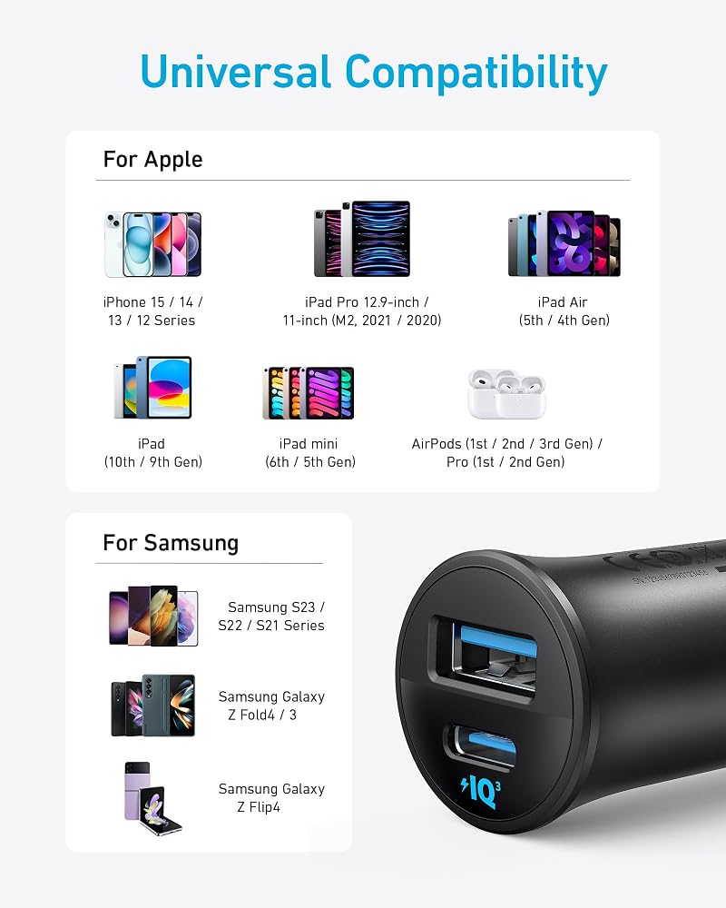 شاحن سيارة Anker بقوة 30W بمنفذين USB-C و USB-A 5