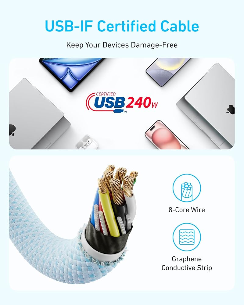 كابل Anker Zolo مضفر USB-C إلى USB-C بقوة 240W طول 1.8 متر – أسود 5