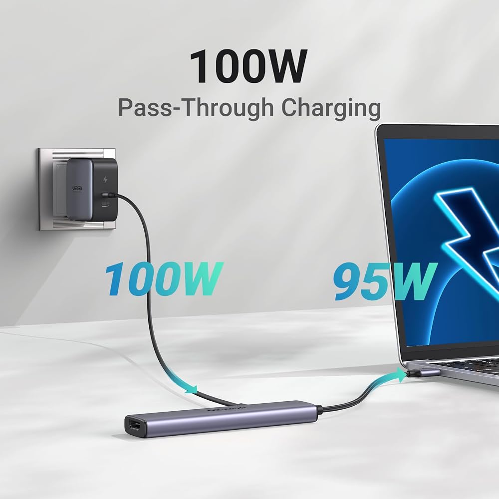 هب UGREEN Revodok 5 في 1 USB-C بمنفذ HDMI 4K وشحن 100W 3