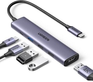 هب UGREEN Revodok 5 في 1 USB-C بمنفذ HDMI 4K وشحن 100W