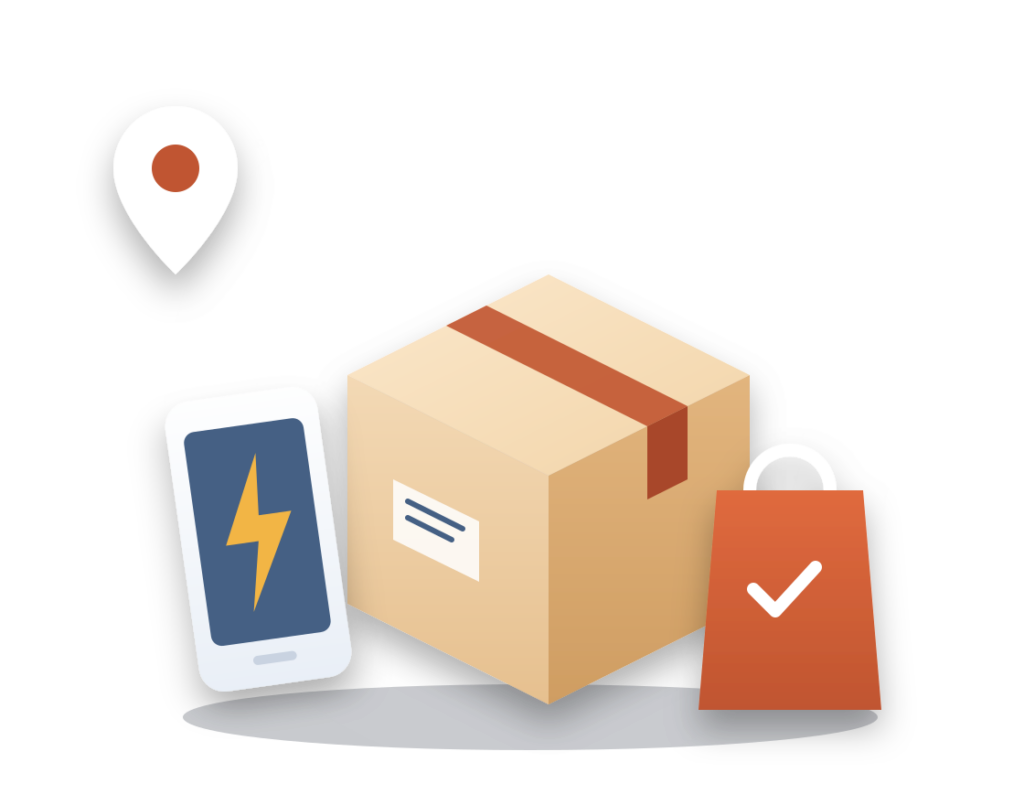Delivery box, shopping bag and phone illustration